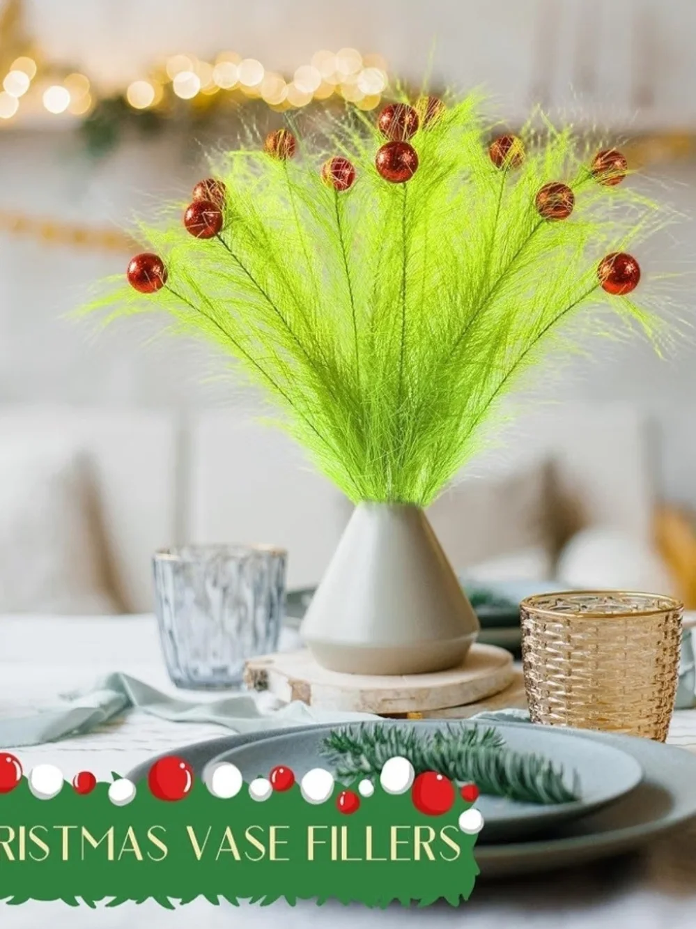 Green Decorative Pick Bundle with Glitter Red Berry Ornaments. Set of 24. NWT.